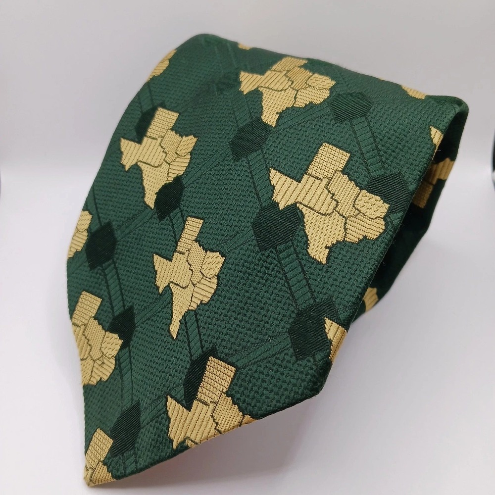 Pierre Cardin Mens Texas State Map Necktie Green Gold Polyester Formal Tie